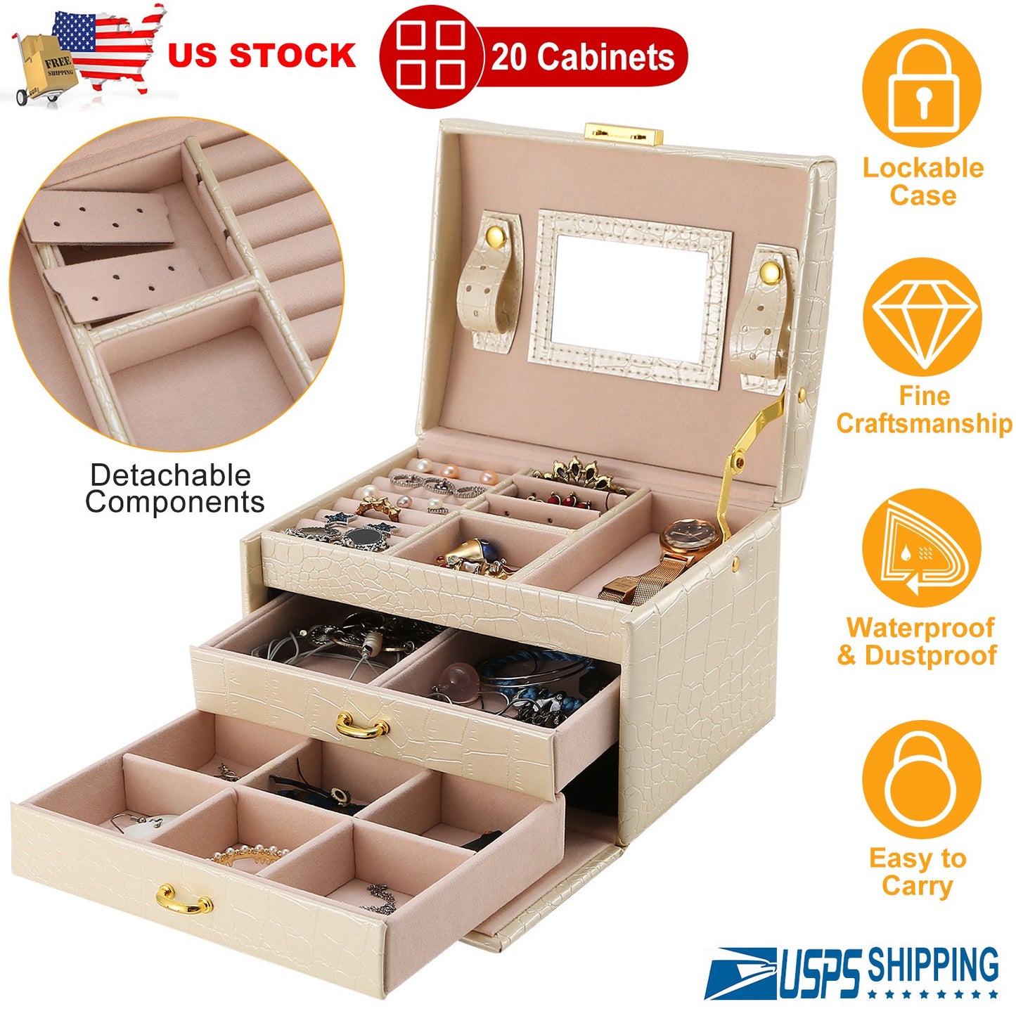 Jewelry Case Organizer 3-layer Lockable Travel Jewelry Box PU Leather Storage