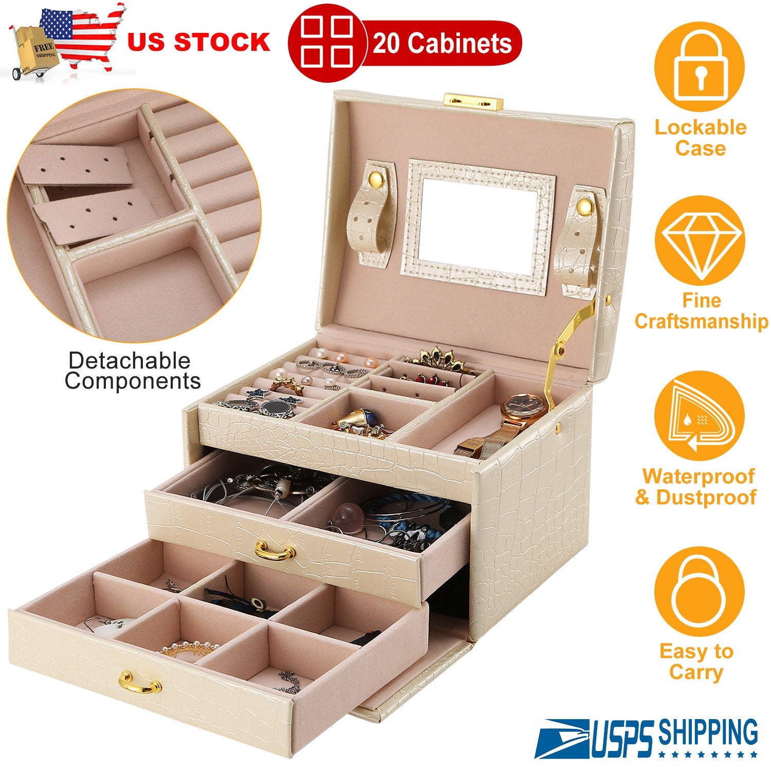 Jewelry Case Organizer 3-layer Lockable Travel Jewelry Box PU Leather Storage