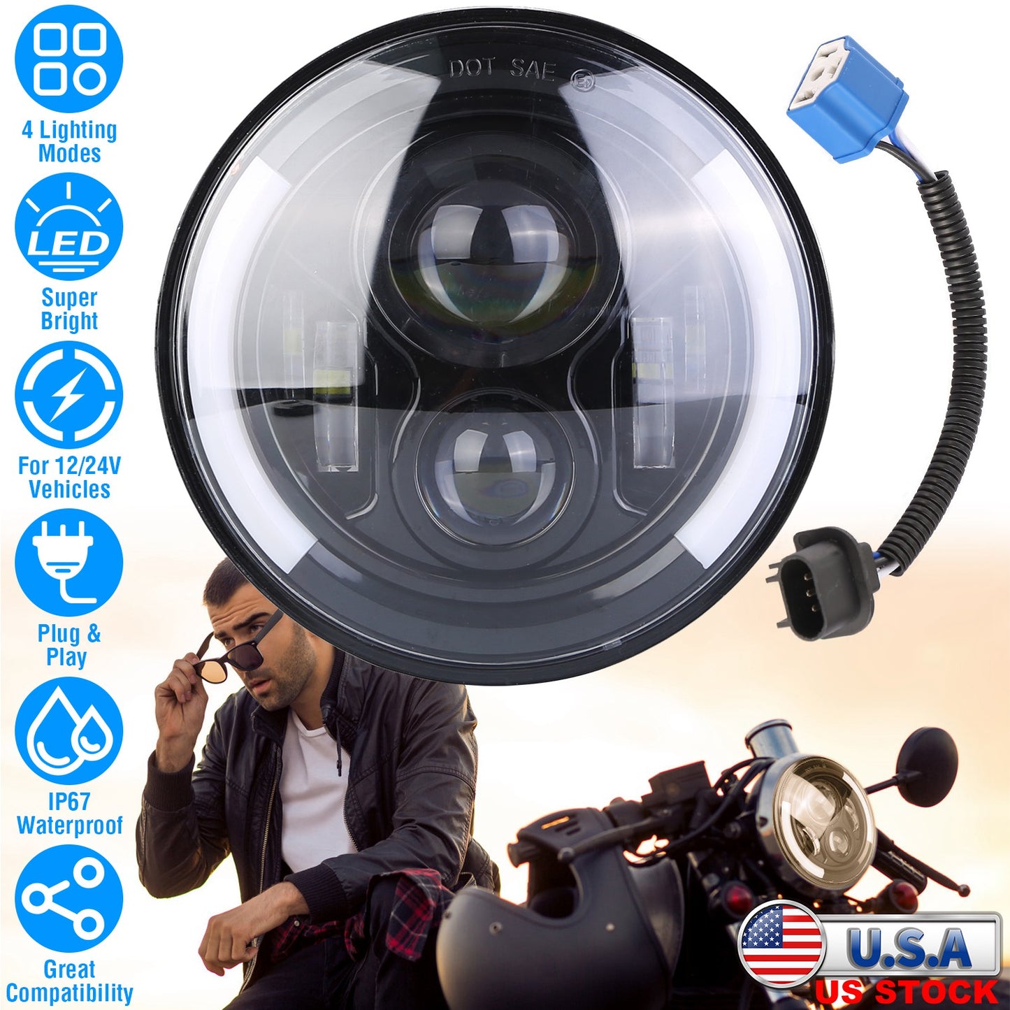 7In 40W Round LED Headlight 3800LM Halo Car Headlamp with DRL Turn Light High