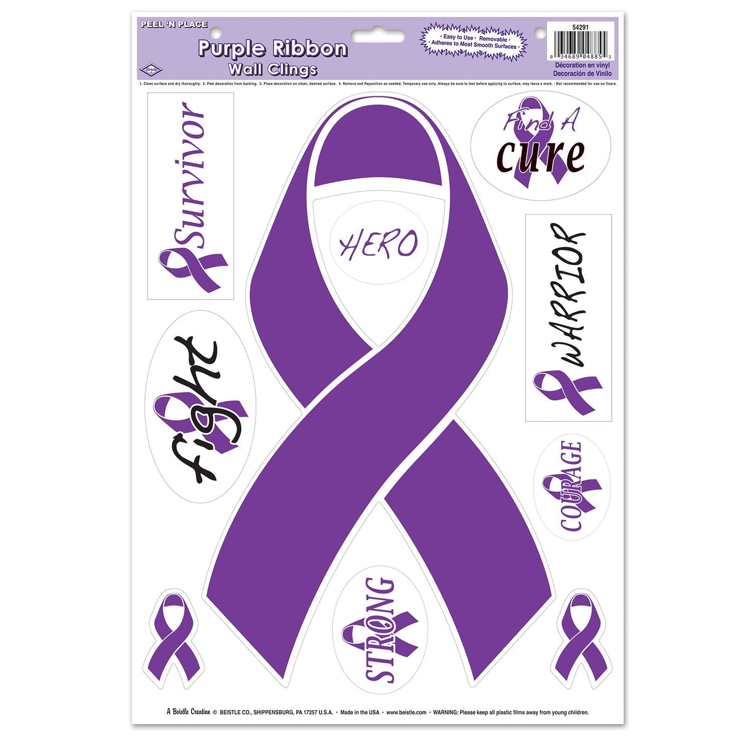 Beistle Purple Ribbon/Find A Cure Peel 'N Place | Party Supply | Decoration