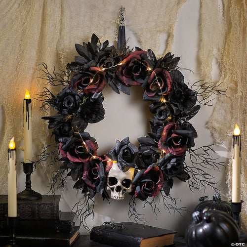 23 1/2" Light-Up Dead Roses & Skull Halloween Wreath Decoration | Halloween