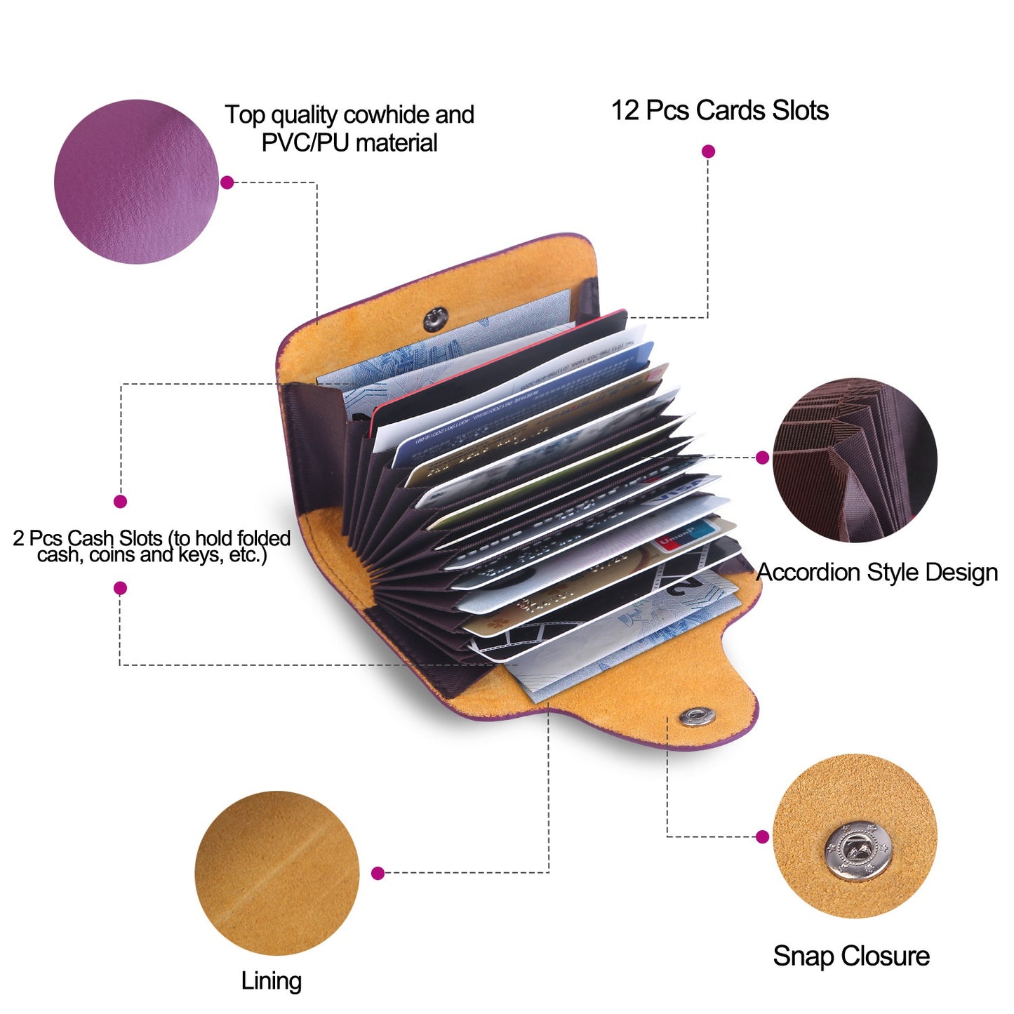 Credit Card Holder Wallet PU Leather Snap Closure Purse Accordion Case with 12