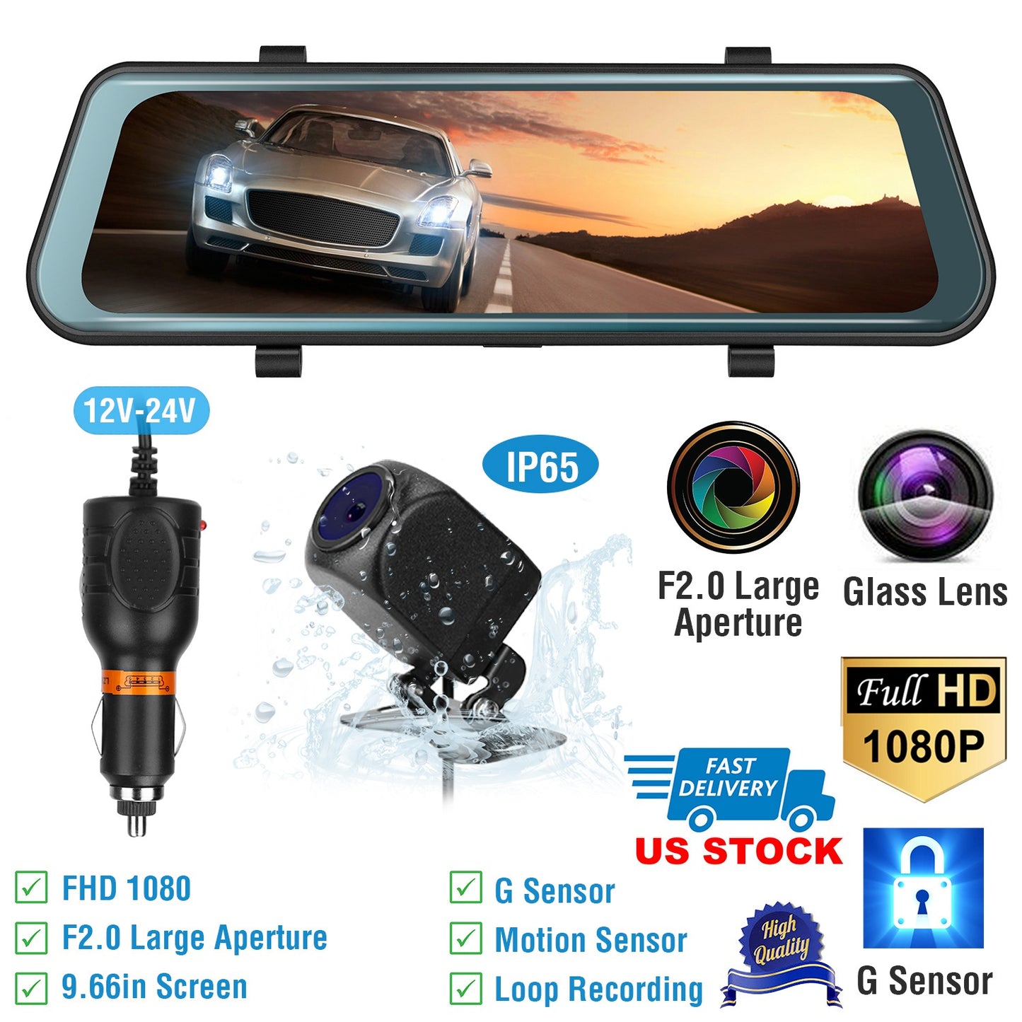 FHD 1080P Car DVR Dash Camera 9.66In Vehicle Driving Recorder w/ G Sensor