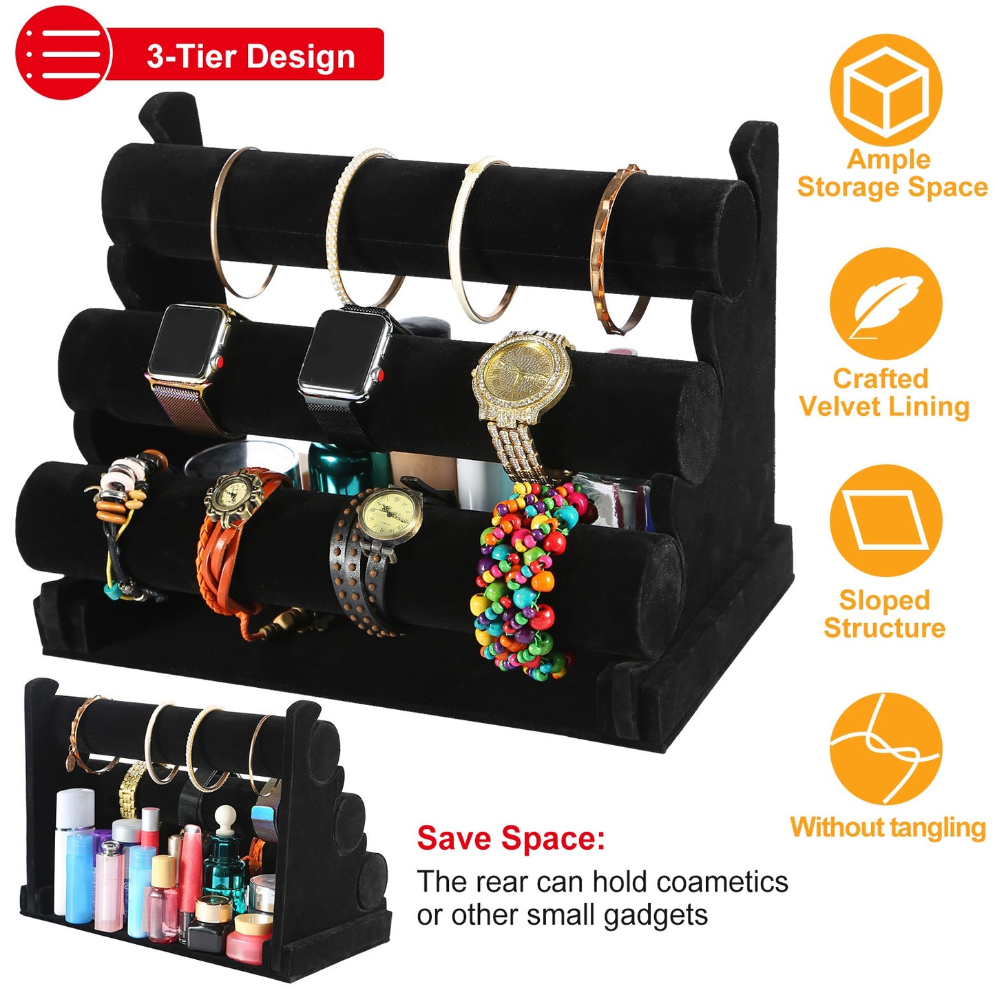 3-Tier Velvet Jewelry Stand Removable Bracelet Holder Watch Jewelry Bangle