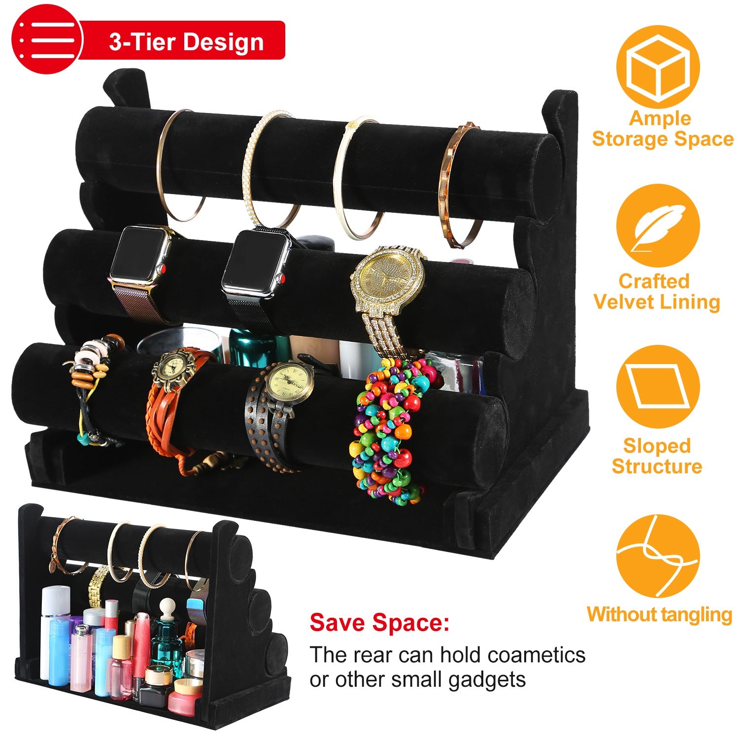 3-Tier Velvet Jewelry Stand Removable Bracelet Holder Watch Jewelry Bangle