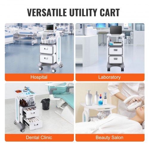 3 Tiers Lab Carts Mobile Medical Cart with 2 Drawers & 1 Top Tray White Trolley