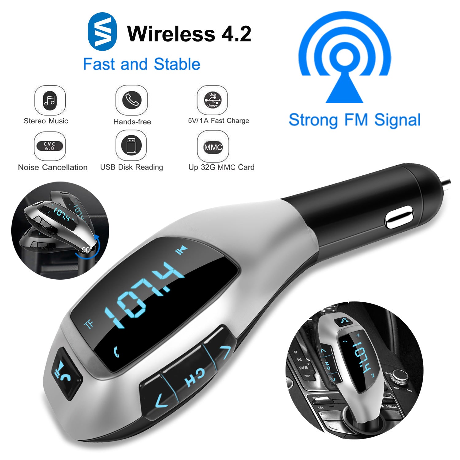Car FM Wireless Transmitter USB Charge Hands-free Call MP3 Player Supports U