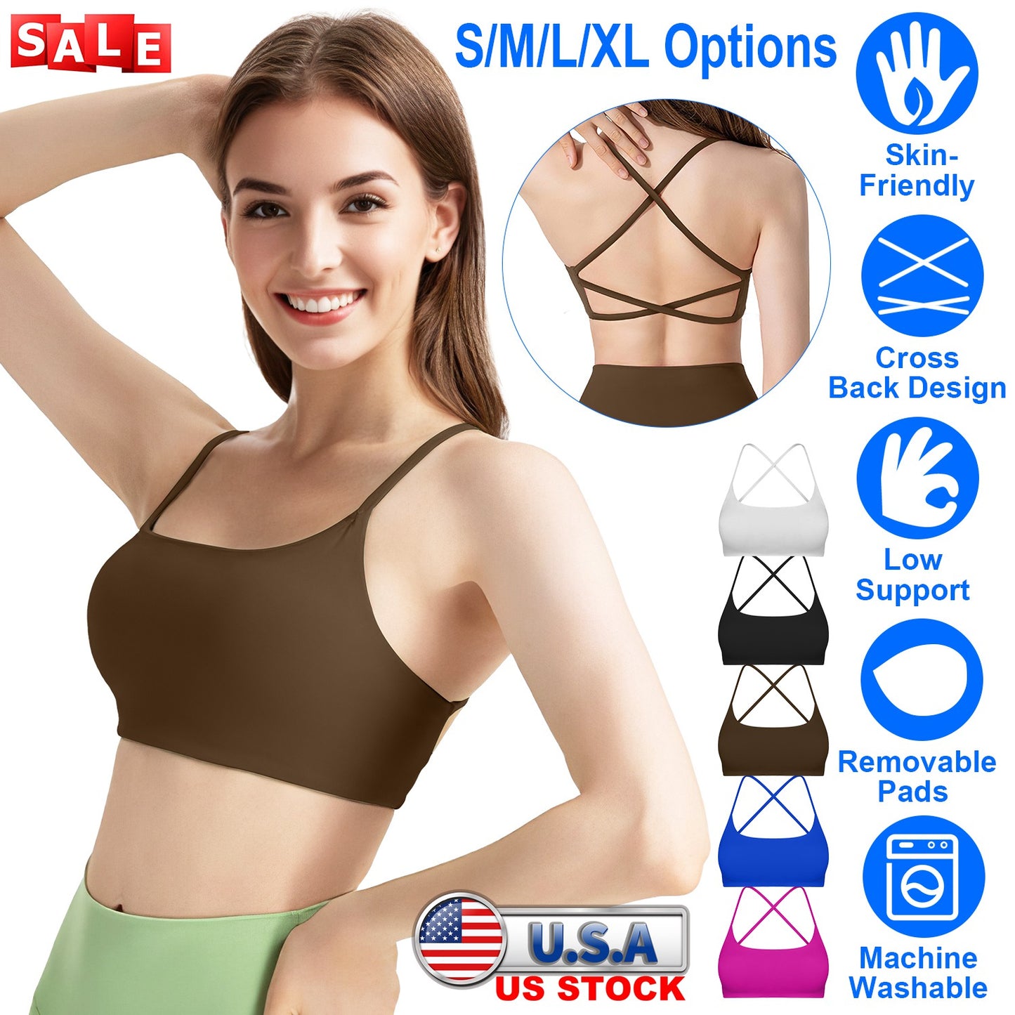 Women Cross Back Sport Bras Padded Strappy Crop Open Back Low Impact Bras Sexy