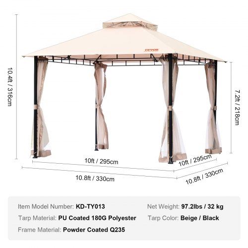 Patio Gazebo for 6-8 Person 10 x 10 FT Backyard Gazebo with Mosquito Netting