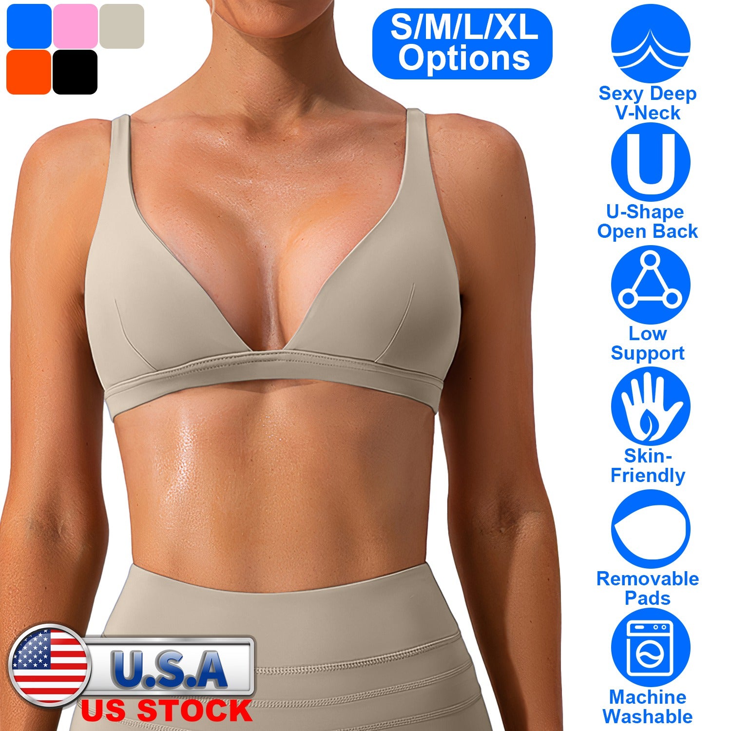 Women Deep V-Neck Sports Bras U-Shaped Back Sport Bras Padded Strappy Crop Open