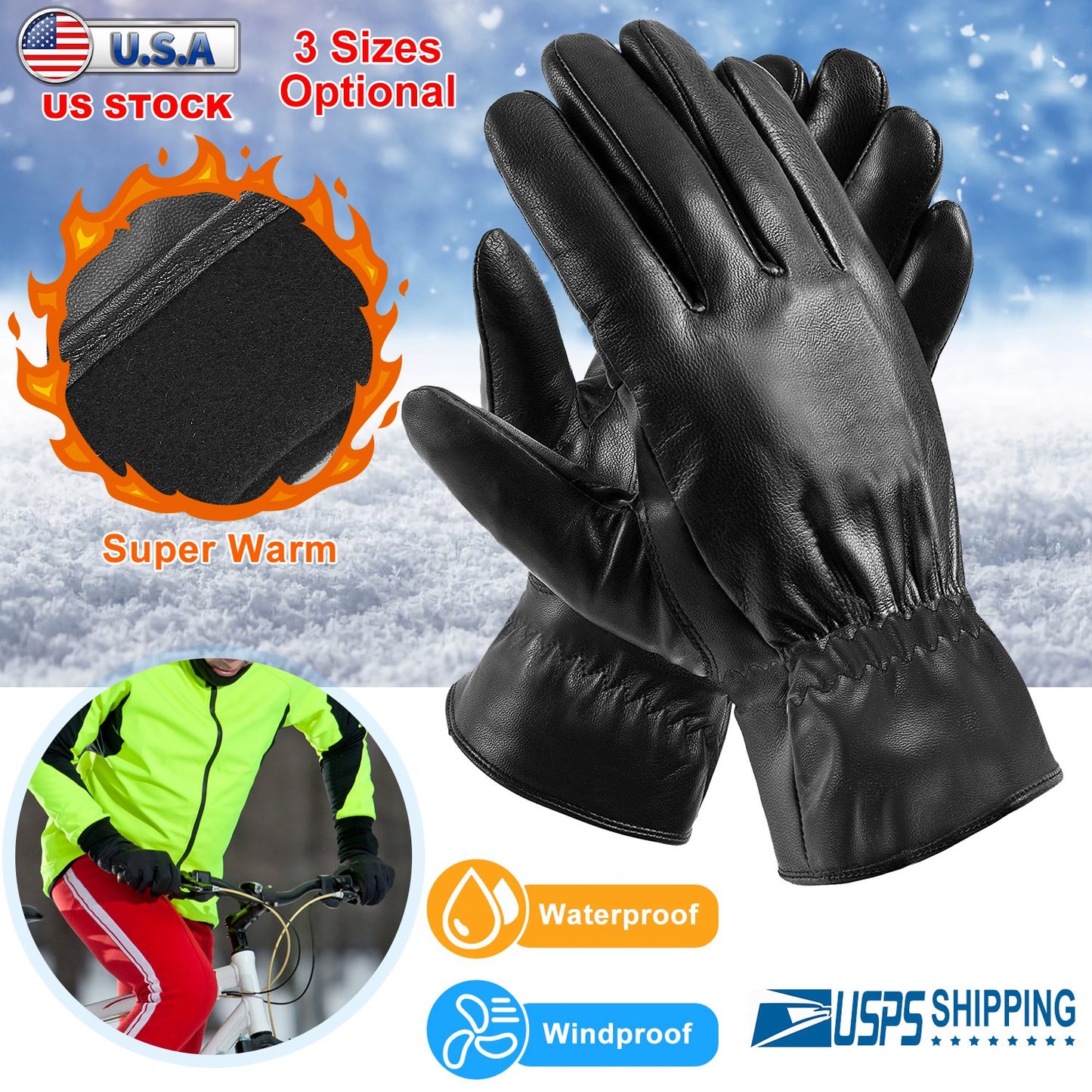 Unisex Leather Winter Warm Gloves Outdoor Windproof Soft Gloves Cycling Skiing