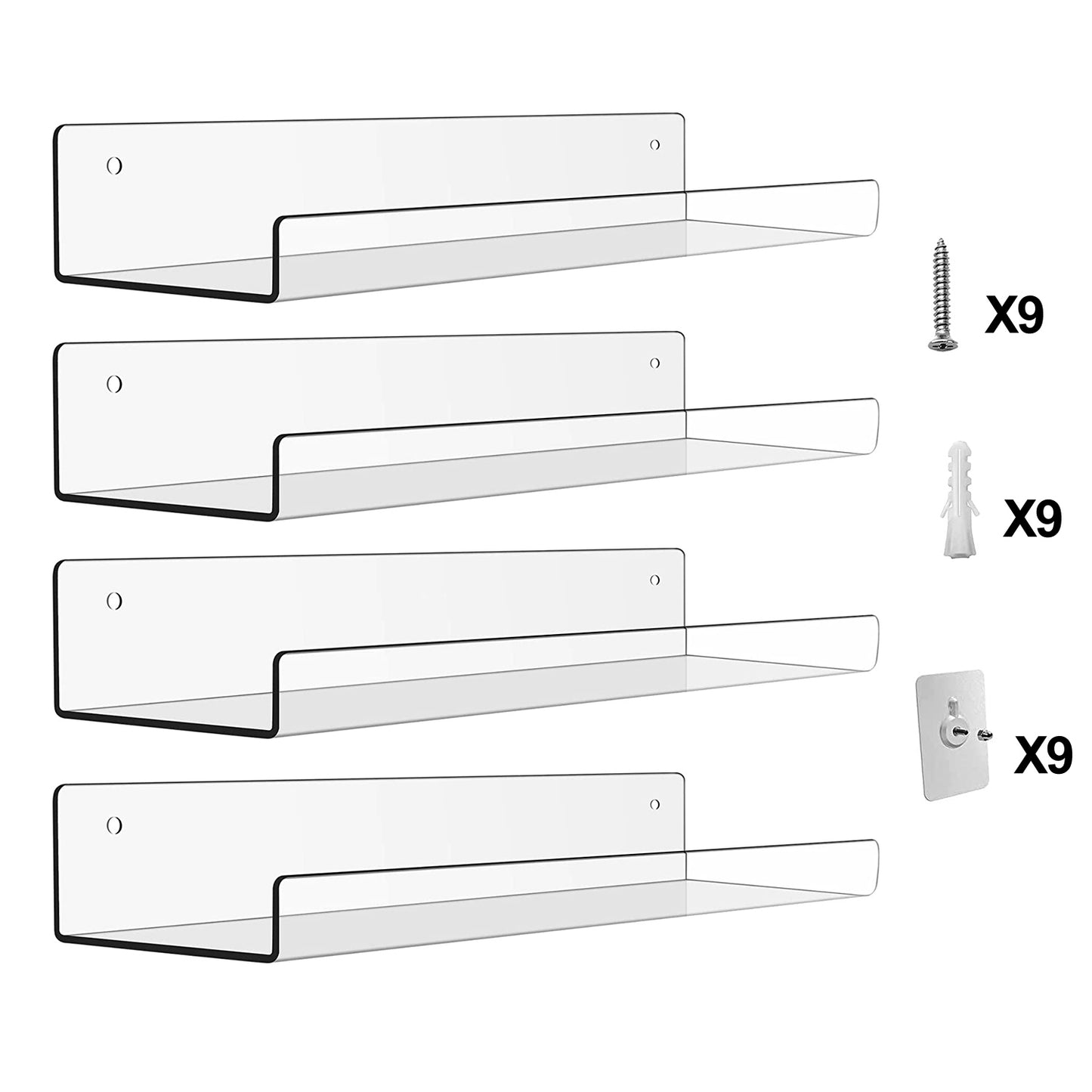 4 Pack 15In Clear Acrylic Floating Shelves Bookshelves with 2 Mounting Ways