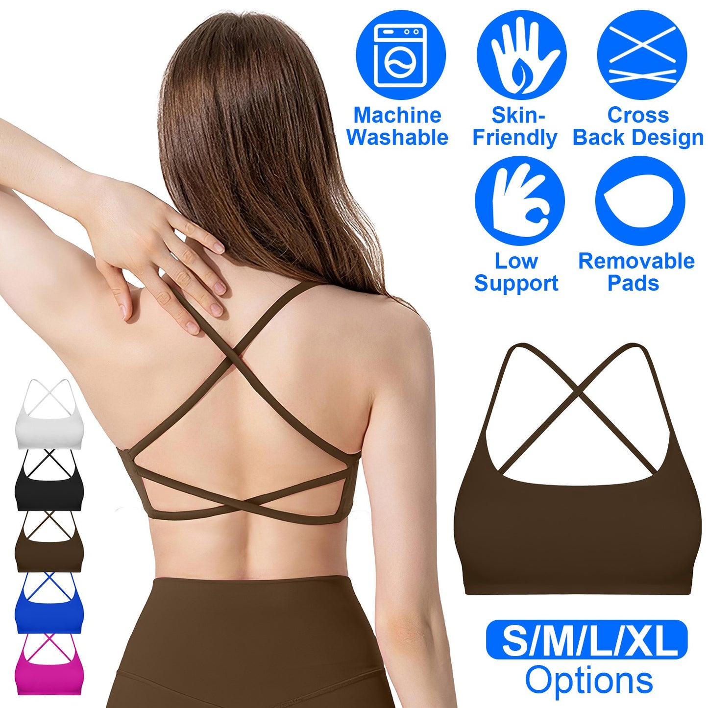 Women Cross Back Sport Bras Padded Strappy Crop Open Back Low Impact Bras Sexy