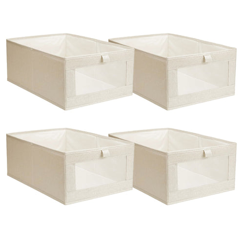 4Pcs Foldable Linen Clothing Storage Bin with Visible Clear Window Convenient