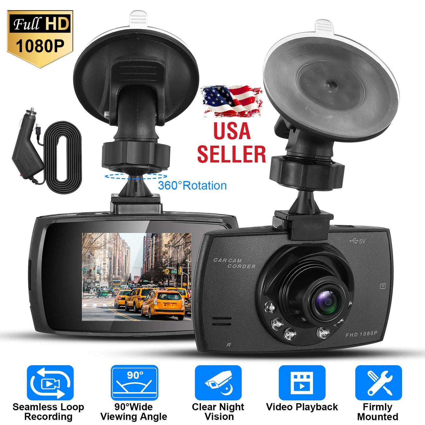 1080P Car DVR Camera Dash Cam Camcorder 90° Angle Loop Recording Night Vison