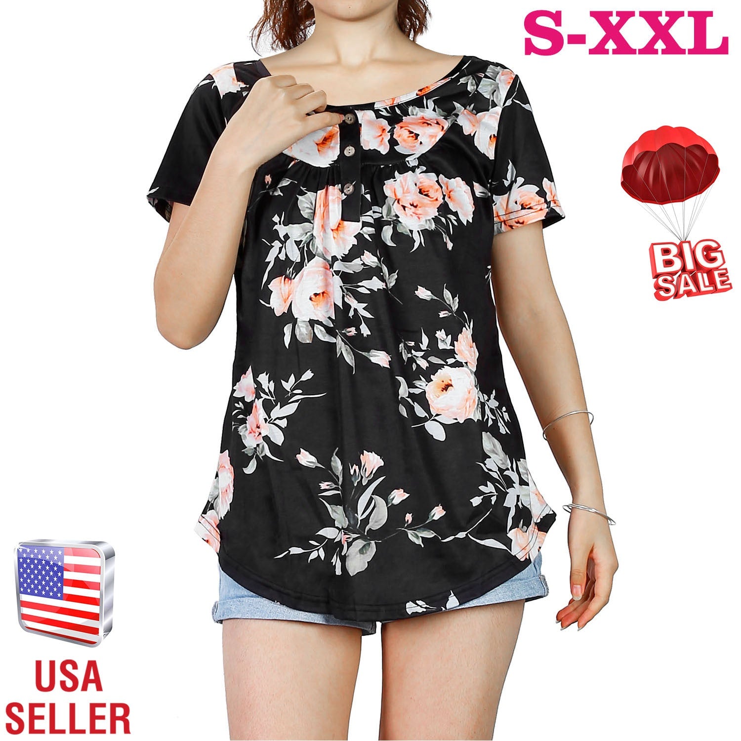 Women Summer Shirts Tops Loose Short Sleeve T Shirts Casual Floral Printed