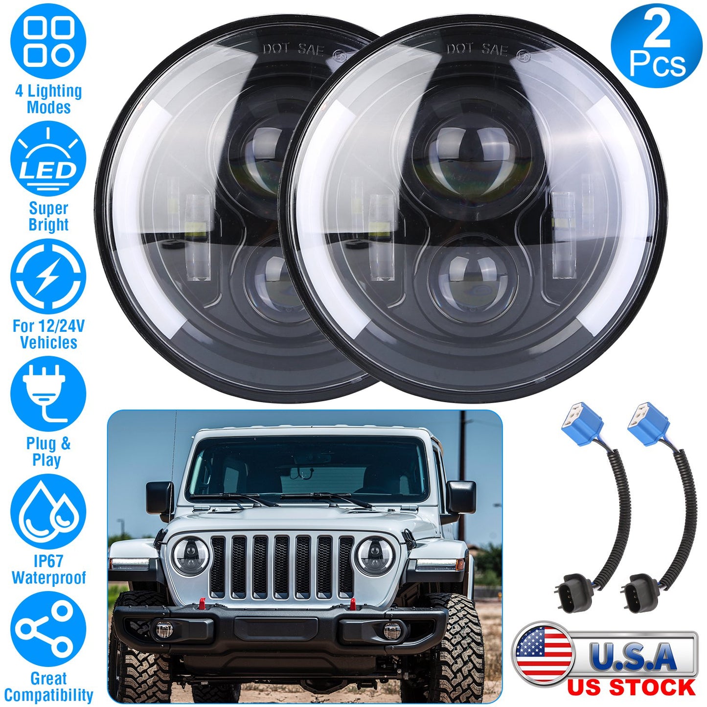 2Pcs 7In 40W Round LED Headlights 3800LM Halo Car Headlamp with DRL Turn Light