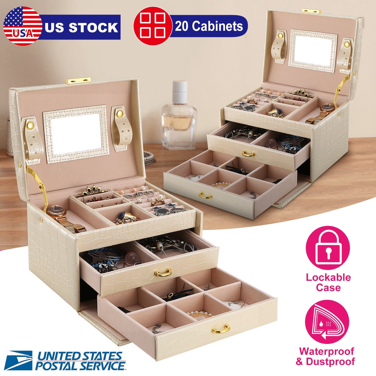 Jewelry Case Organizer 3-layer Lockable Travel Jewelry Box PU Leather Storage