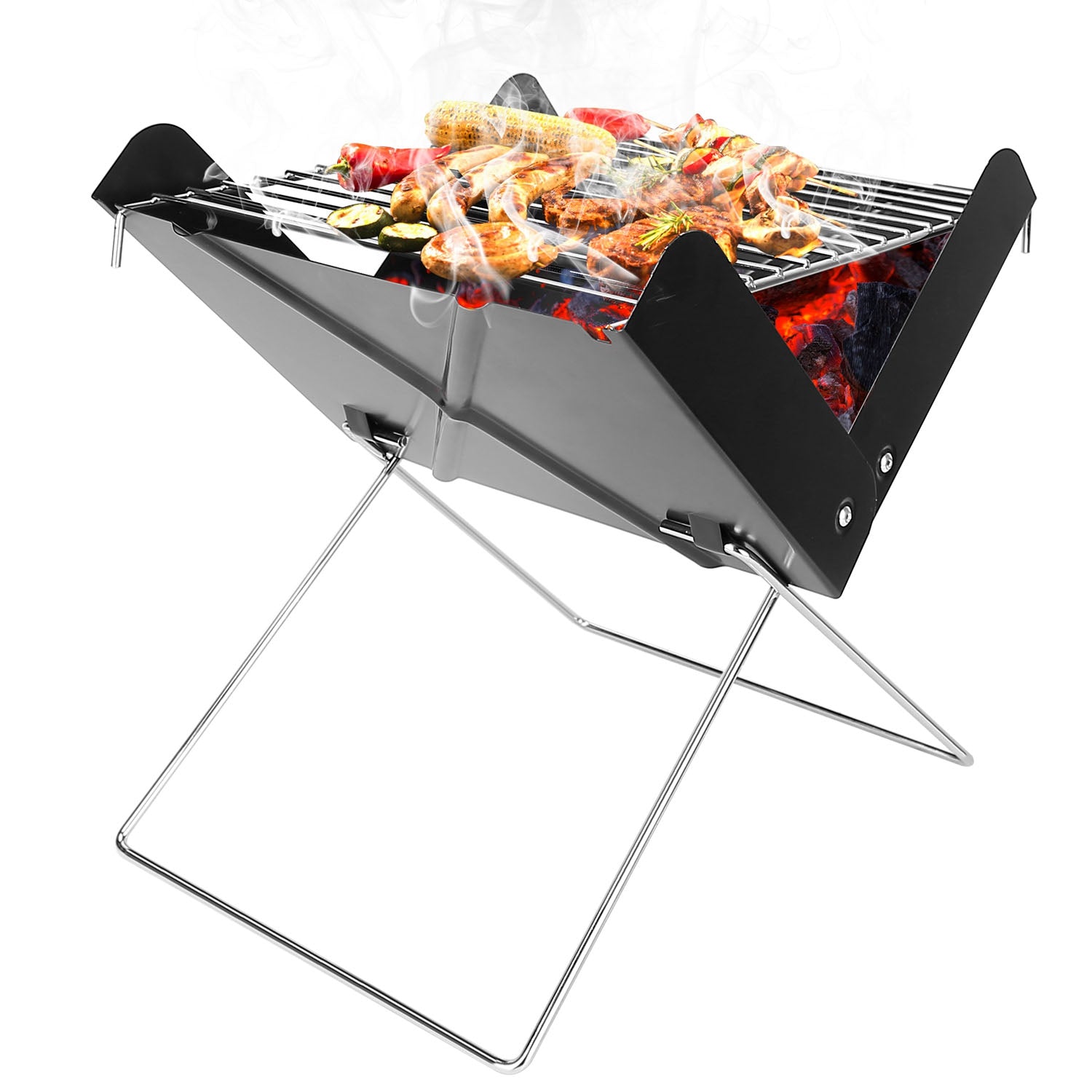 Foldable BBQ Grill Charcoal Barbecue Portable X Grill Tabletop Outdoor Smoker