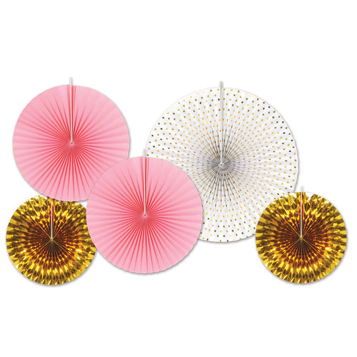Beistle Assorted Paper & Foil Decorative Fans - Gold & Pink - Baby Shower