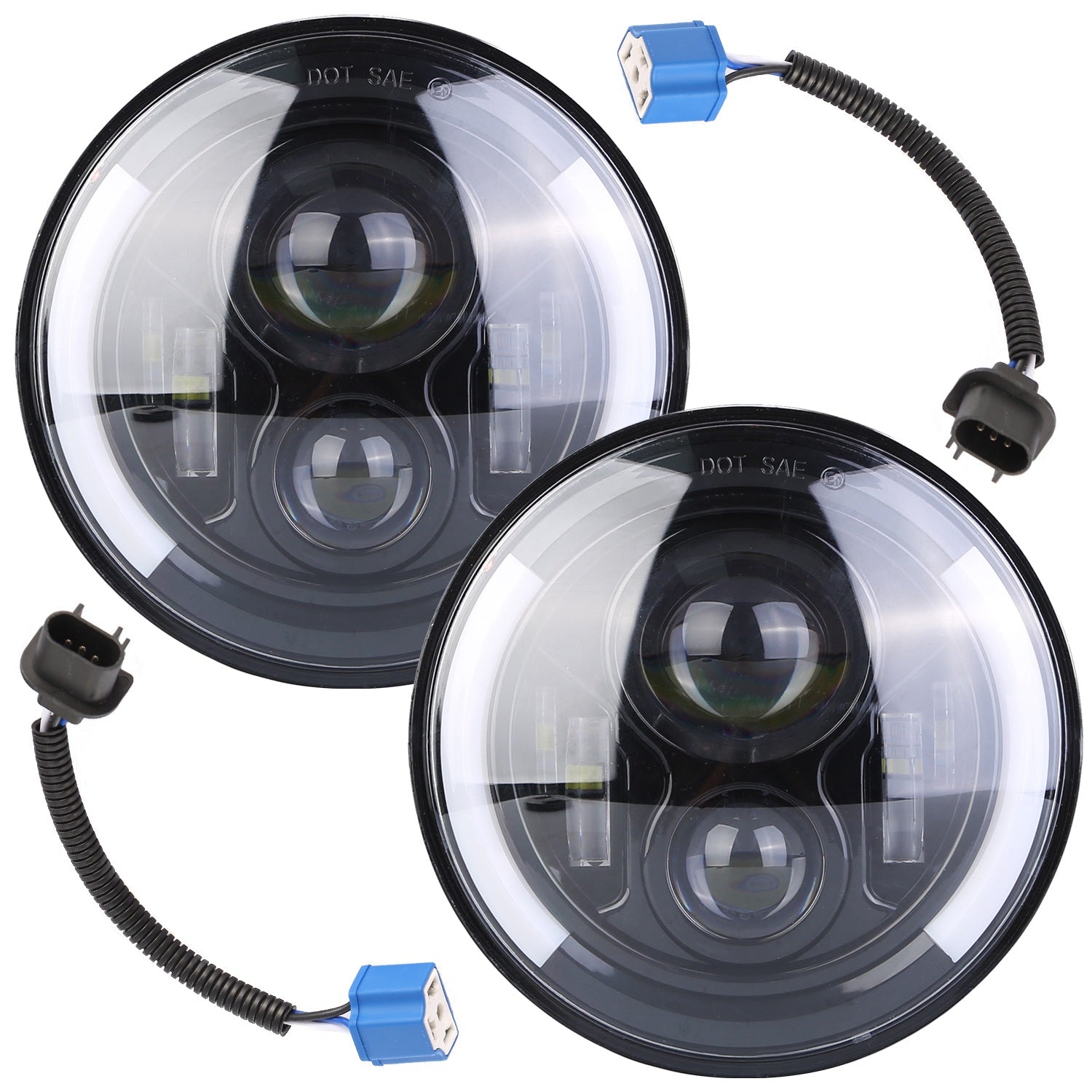 2Pcs 7In 40W Round LED Headlights 3800LM Halo Car Headlamp with DRL Turn Light