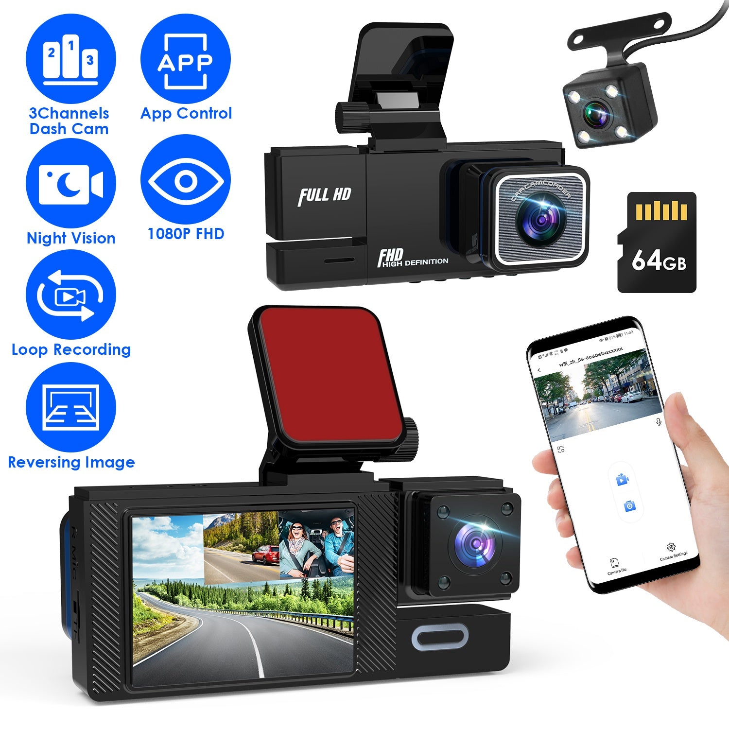 WiFi FHD 1080P Car Dash Cam 3 Channels Front Rear Inside Dash Camera with Loop