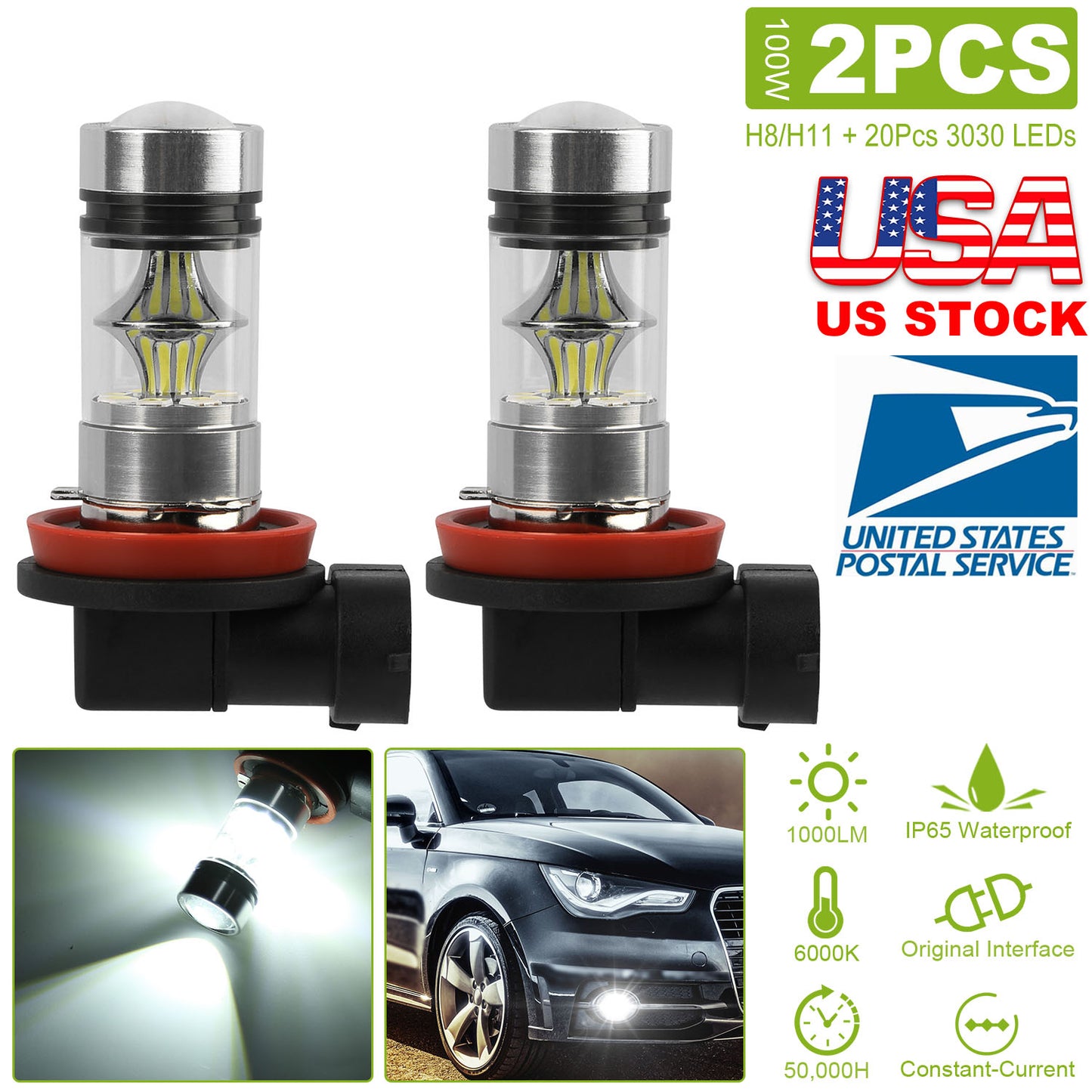 2PCS 1000lm 100W H8/H9/H11 LED Fog DRL Light Bulb IP65 Water-Resistant 360°