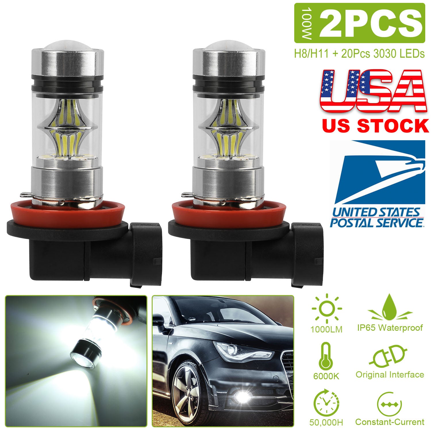 2PCS 1000lm 100W H8/H9/H11 LED Fog DRL Light Bulb IP65 Water-Resistant 360°