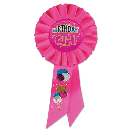 Beistle Birthday Girl Rosette Ribbon with Balloons - Party Supply Decoration