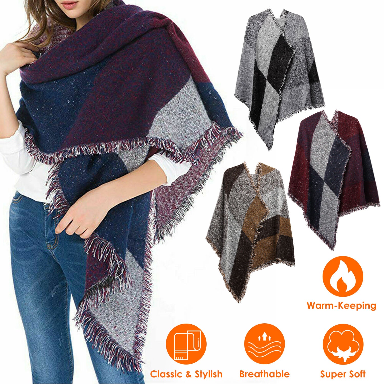 Women Winter Warm Scarf 74.8x25.6In Long Soft Knitted Shawl Extra Thick Plaid