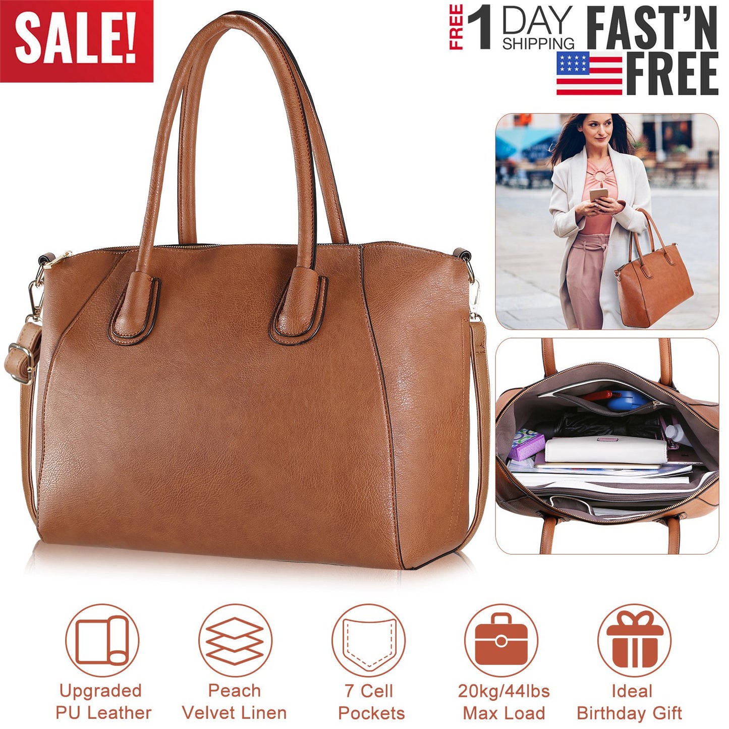 Women’s Soft Leather Handbag Tote Bags Large Shoulder Crossbody Bag 7 Cells