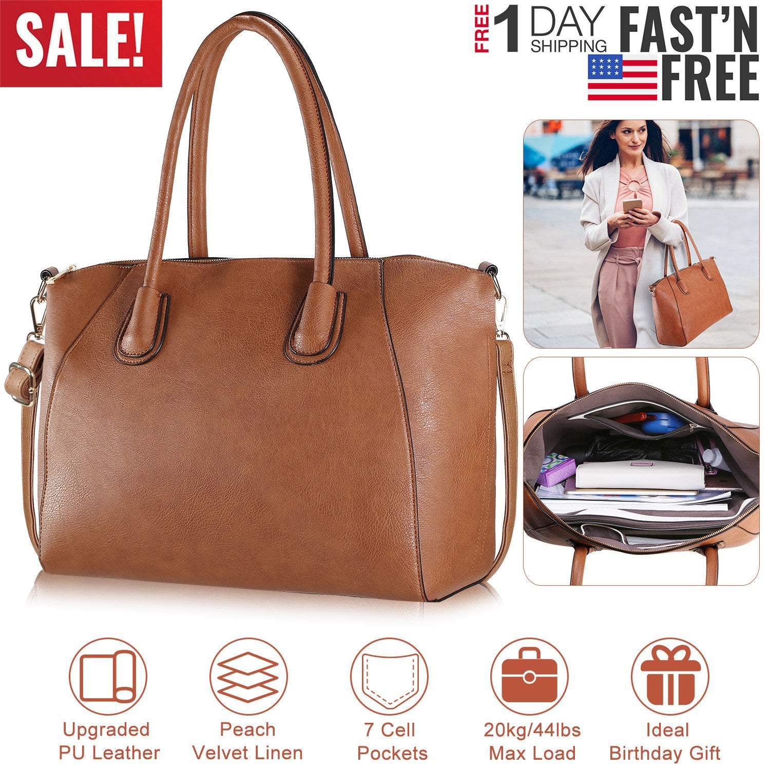 Women’s Soft Leather Handbag Tote Bags Large Shoulder Crossbody Bag 7 Cells