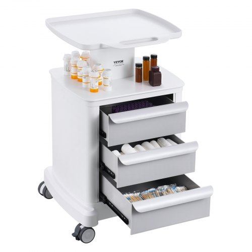 4 Tiers Lab Carts Mobile Medical Cart with 3 Drawers & 1 Top Tray White Troll
