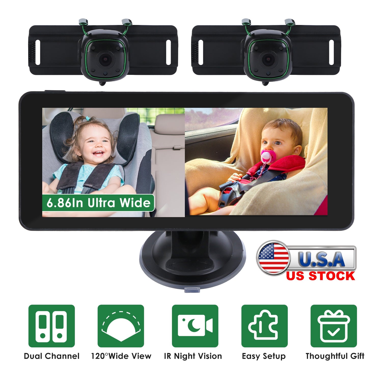 1080P Baby Car Camera for 2 Kids Dual Channel Car Baby Monitor Rear Facing Car