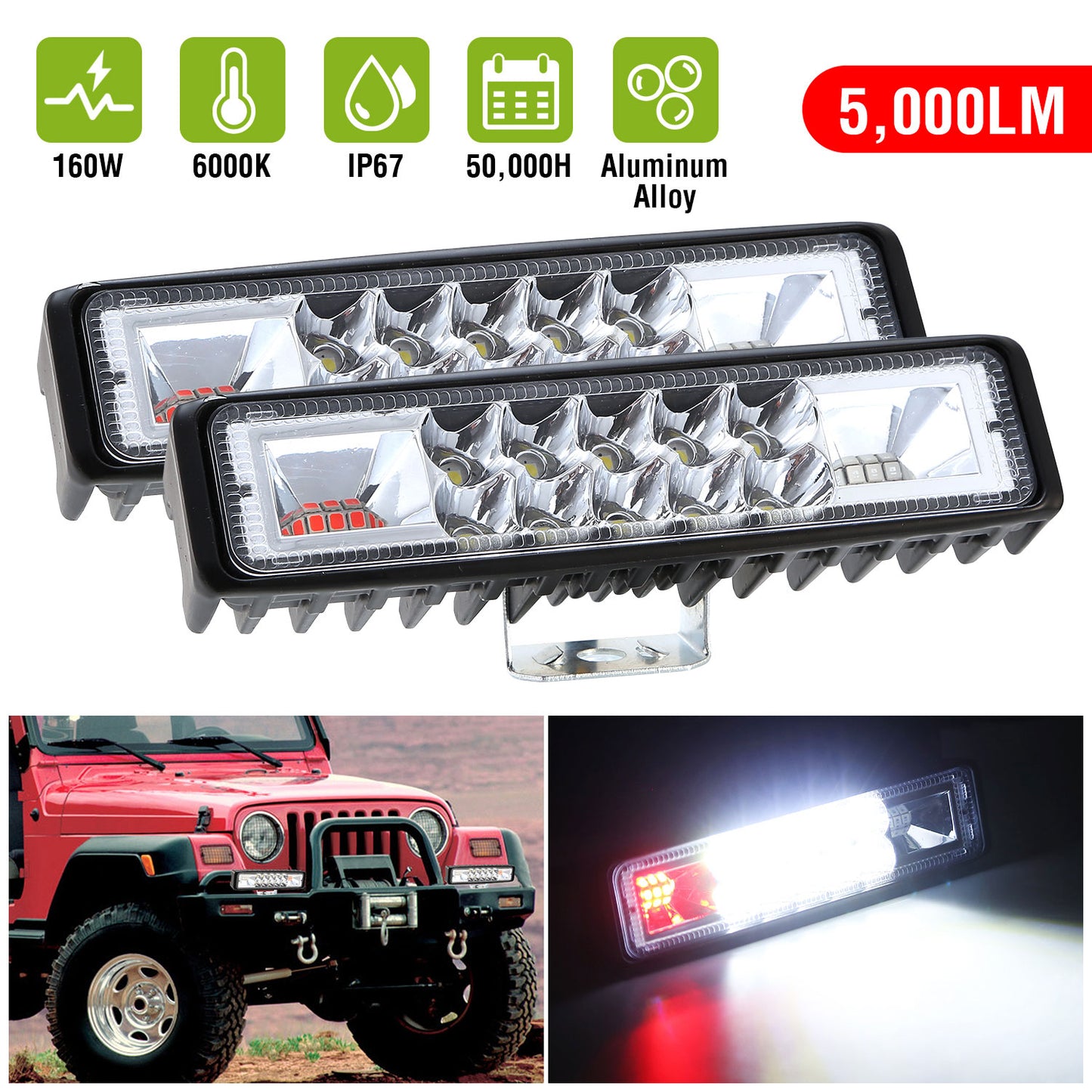 6" LED Light Bar 160W 5000lm Offroad Driving Spot Lights Work Light Pods IP67