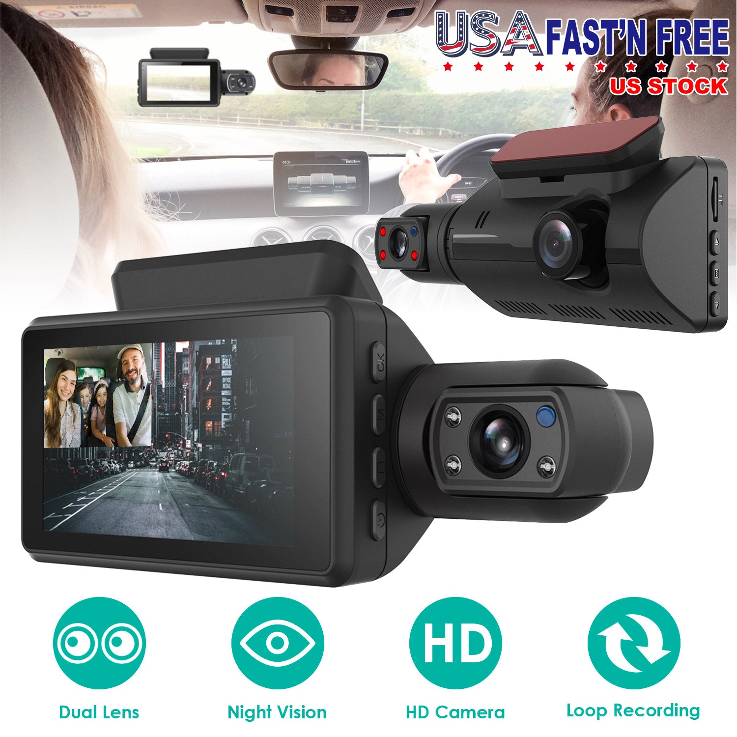 Dual Lens Car DVR Dash Cam Video Recorder 720P Front Inside Camera Loop