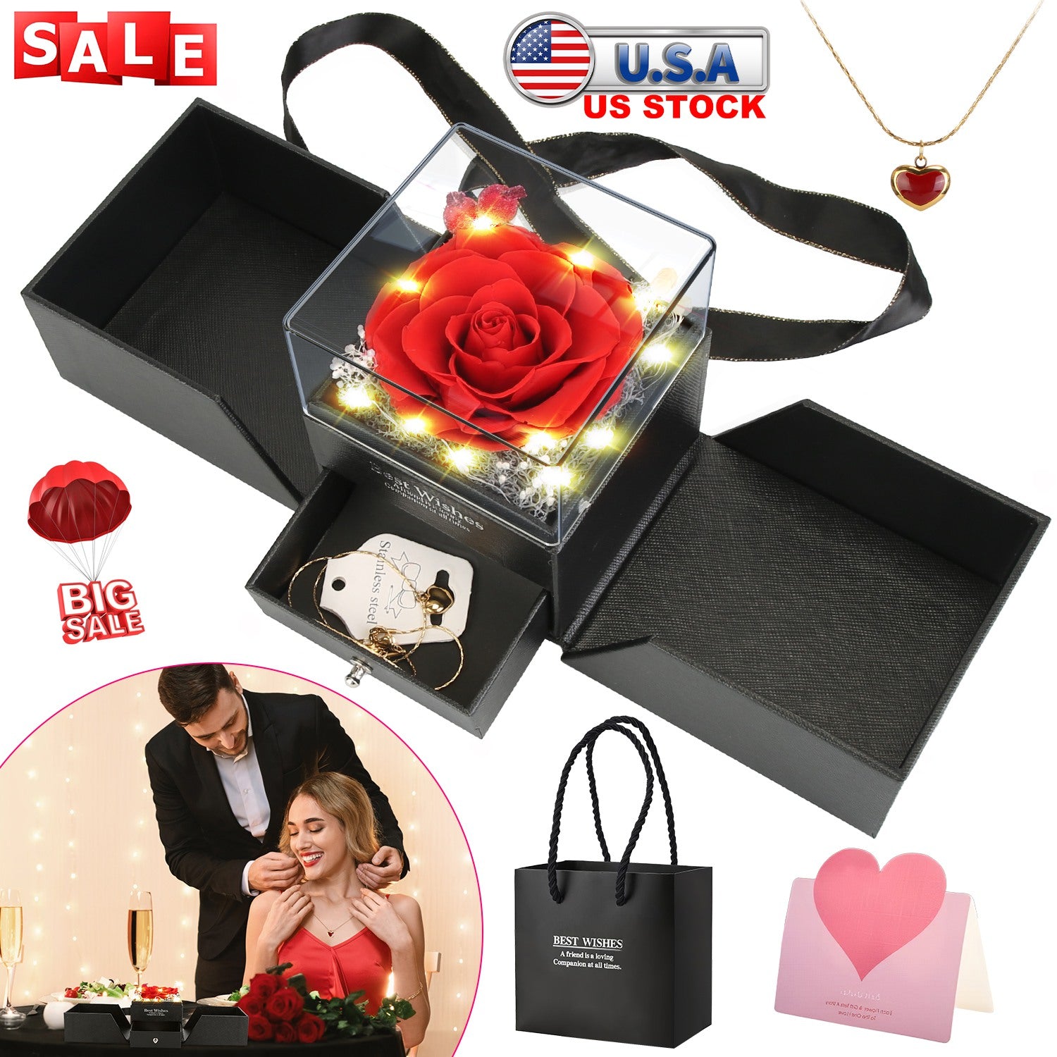 Preserved Red Real Rose with Heart Necklace Eternal Flowers Rose with Golden