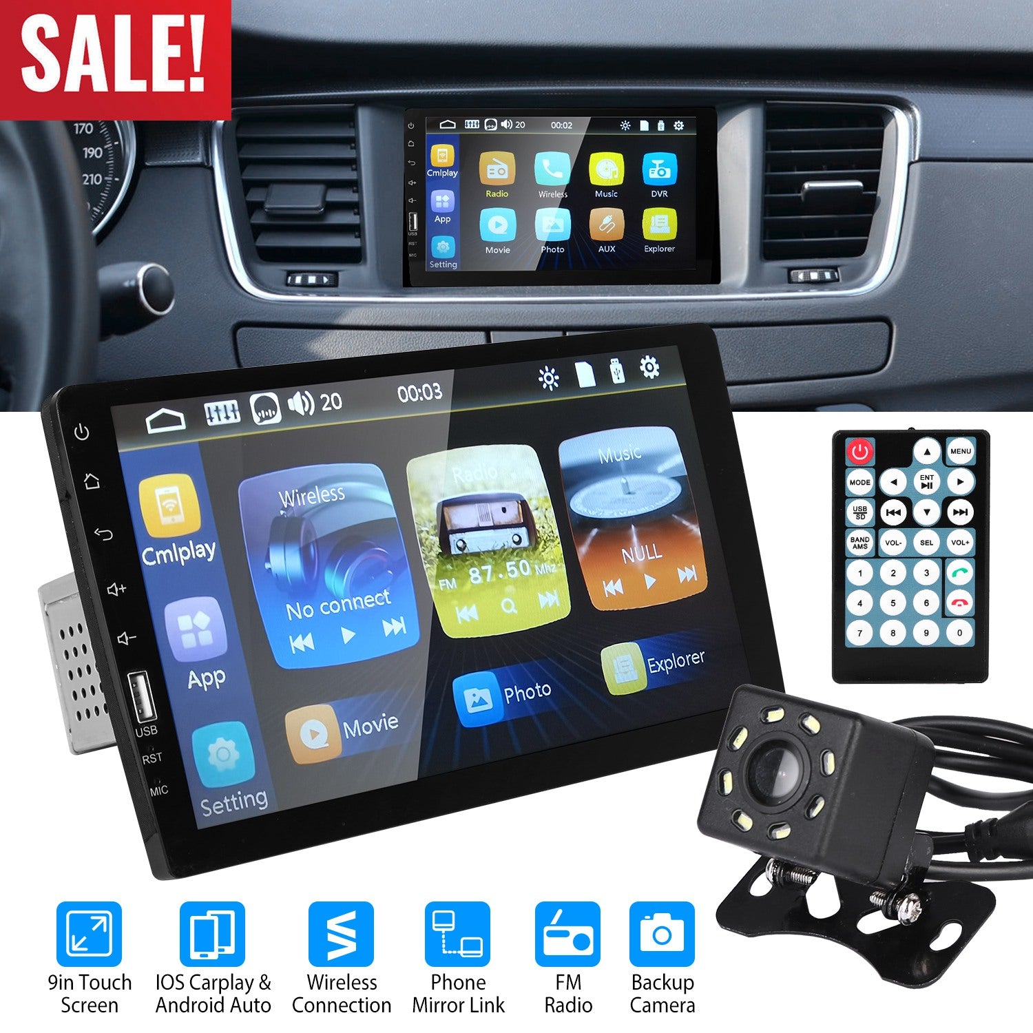 9in Car MP5 Stereo Player Touch Screen 1080P Wireless Car Radio FM USB AUX Back