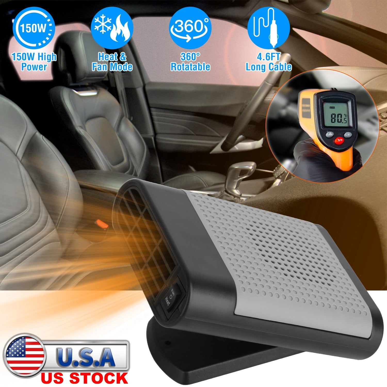 12V 150W Portable Car Heater Heating Fan 2 in 1 Defroster Defogger Demister