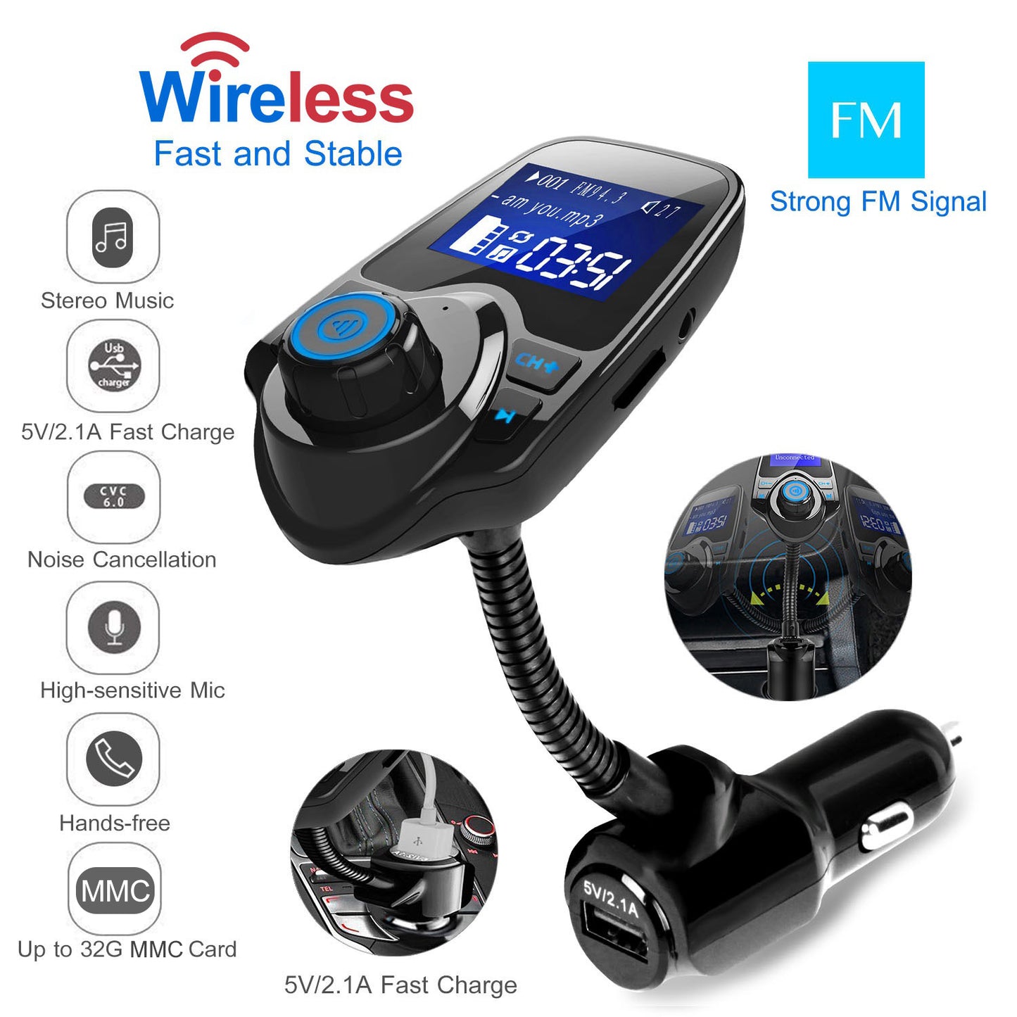 iMounTek Car Wireless FM Transmitter Fast USB Charge Hands-free Call Car MP3