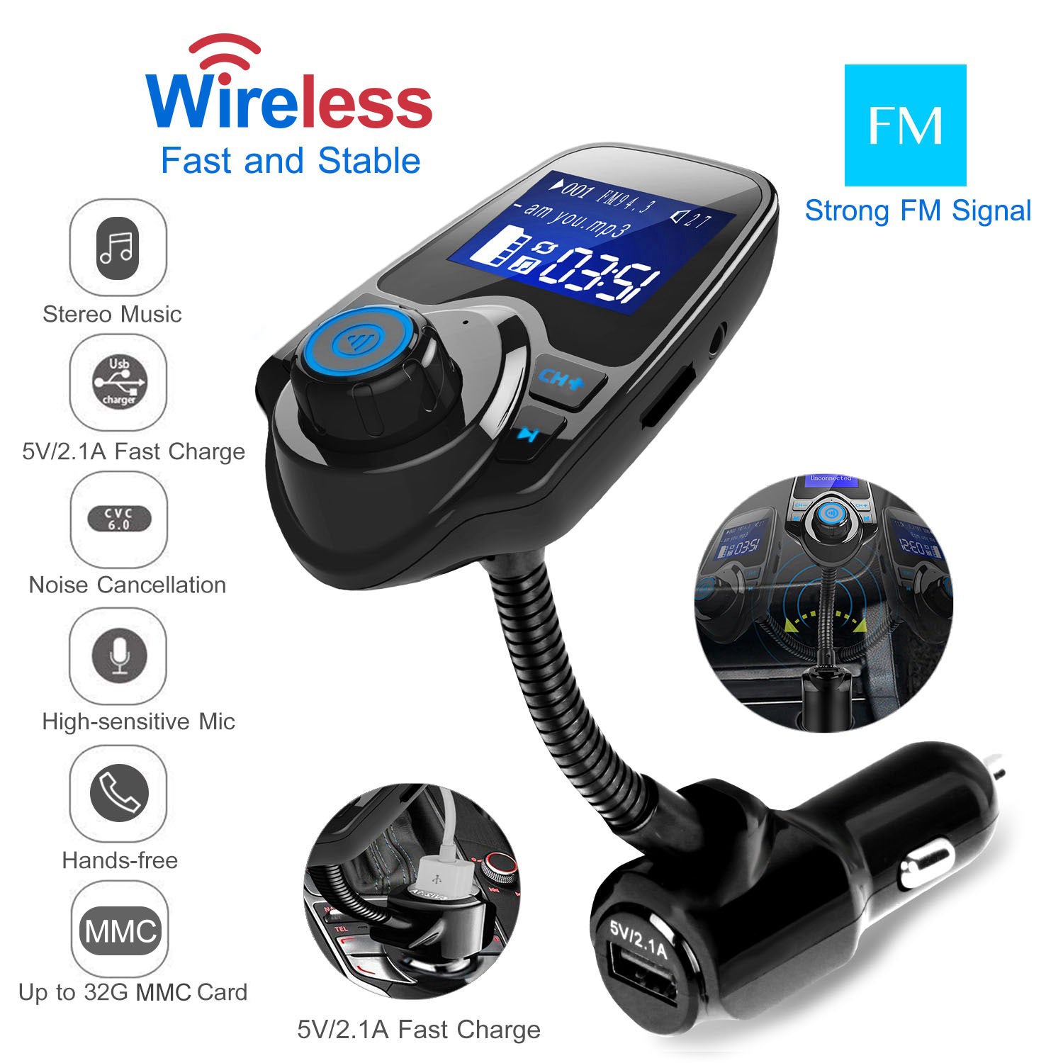 iMounTek Car Wireless FM Transmitter Fast USB Charge Hands-free Call Car MP3