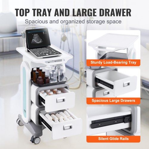 3 Tiers Lab Carts Mobile Medical Cart with 2 Drawers & 1 Top Tray White Trolley