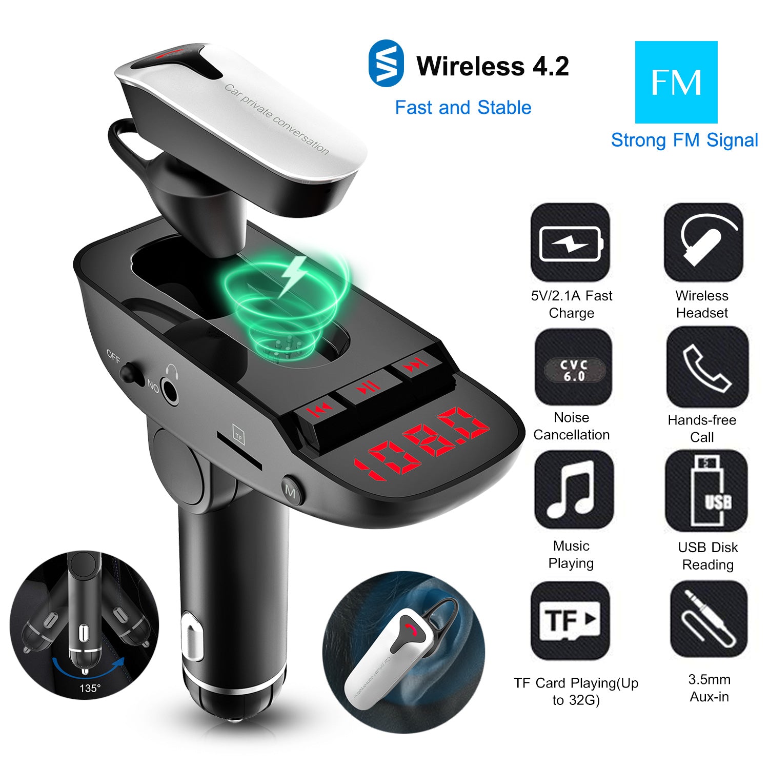 Car FM Transmitter w/ Wireless Earpiece 2 USB Charge Ports Hands-free Call MP3