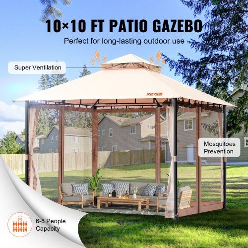 Patio Gazebo for 6-8 Person 10 x 10 FT Backyard Gazebo with Mosquito Netting