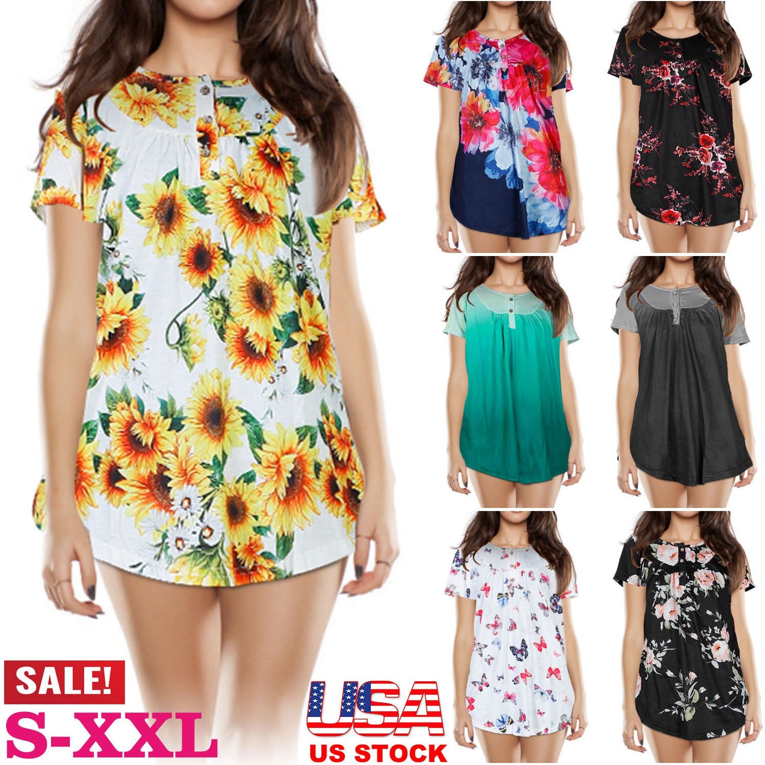 Women Summer Shirts Tops Loose Short Sleeve T Shirts Casual Floral Printed