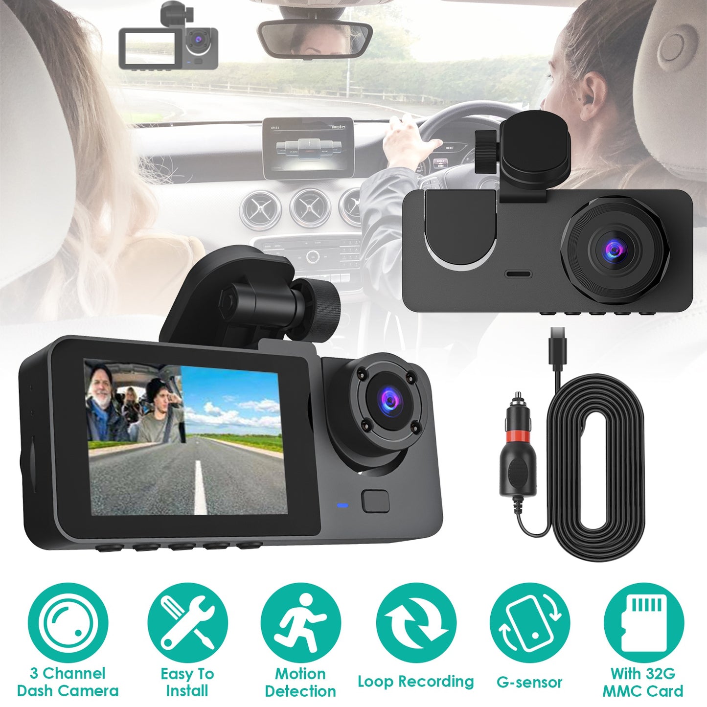 3 Channel Dash Cam Front Inside Rear Vehicle Driving Recorder Car DVR with 32G