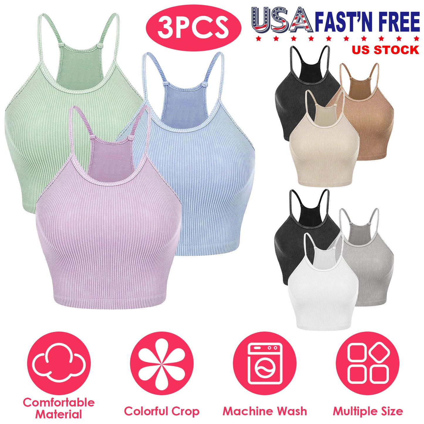 3 Pack Women Crop Basic Tank Top Ribbed Knit Sleeveless Round Neck 9 Color