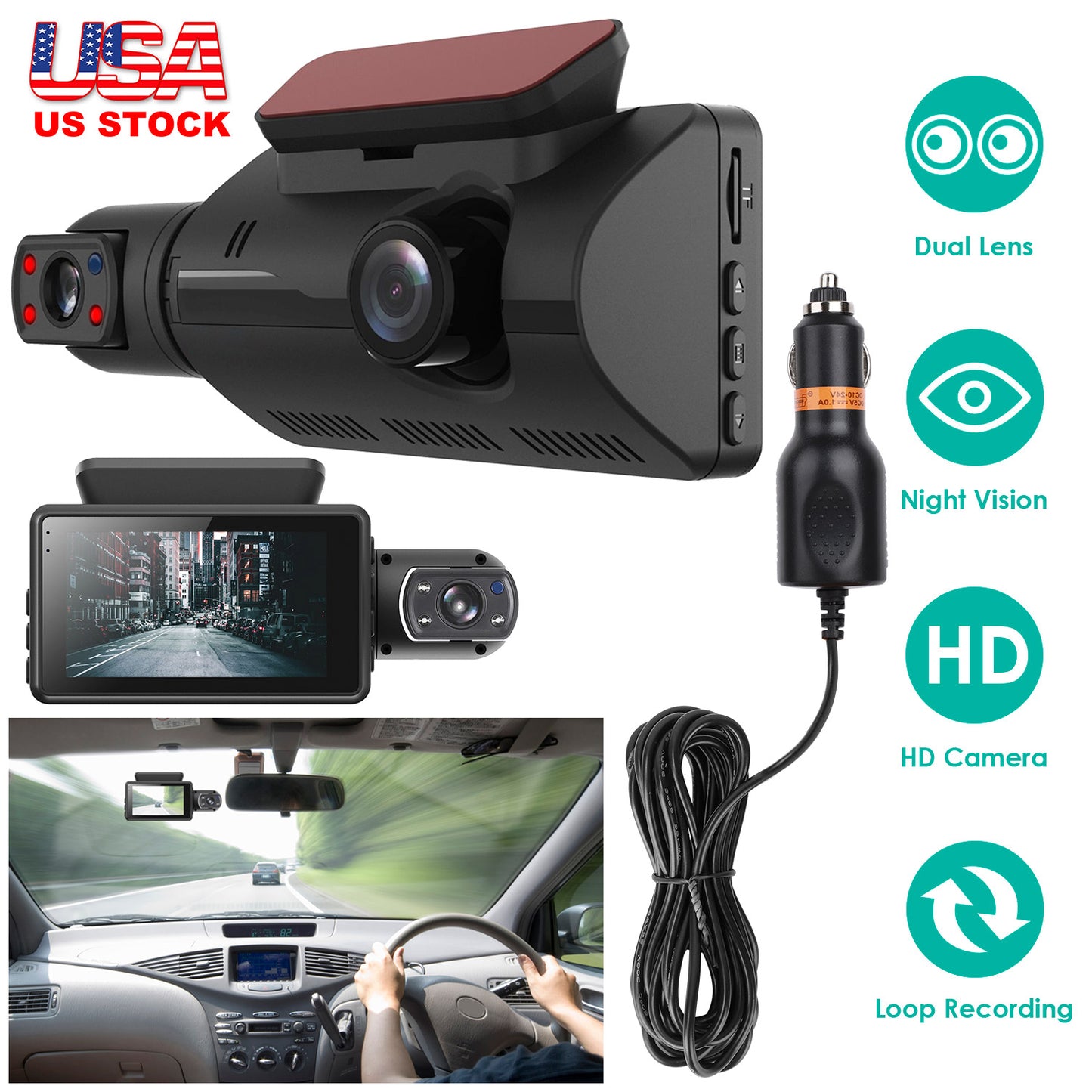 Dual Lens Car DVR Dash Cam Video Recorder 720P Front Inside Camera Loop