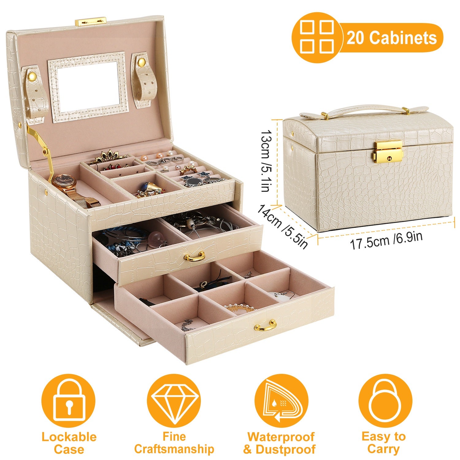 Jewelry Case Organizer 3-layer Lockable Travel Jewelry Box PU Leather Storage