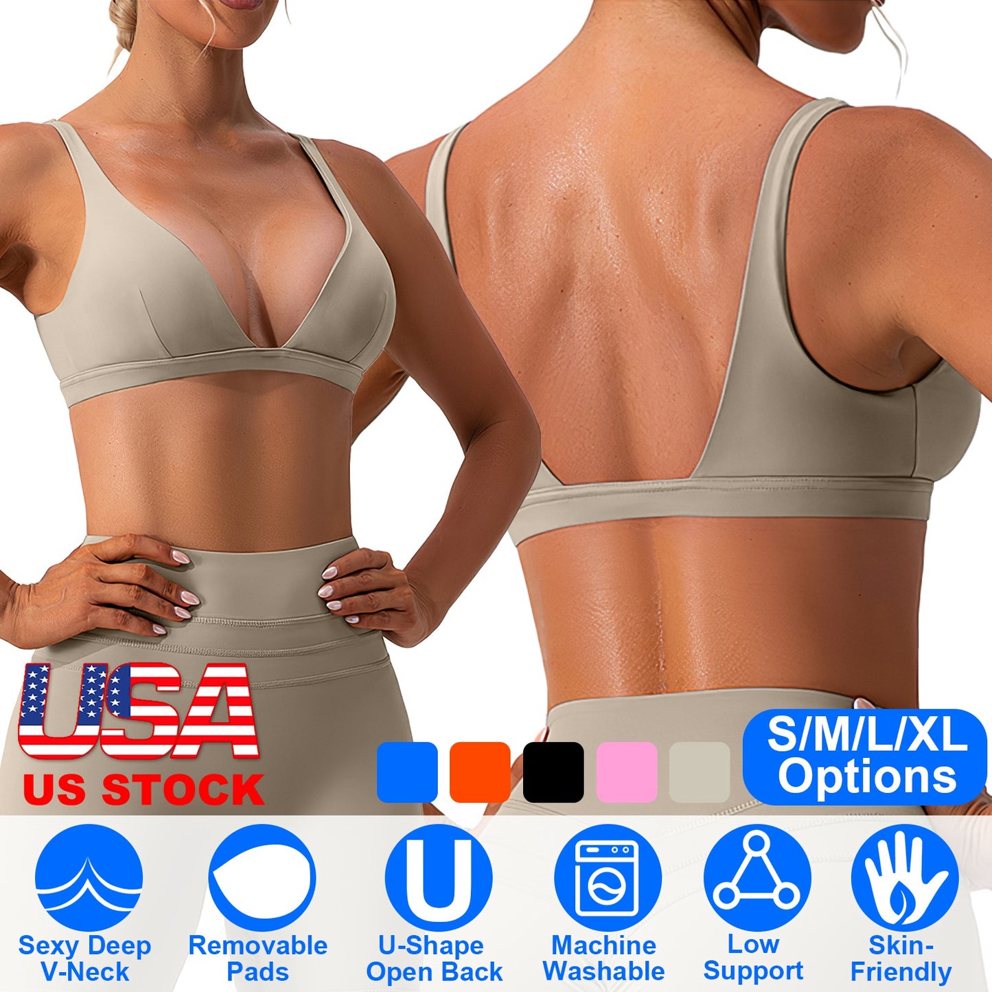 Women Deep V-Neck Sports Bras U-Shaped Back Sport Bras Padded Strappy Crop Open